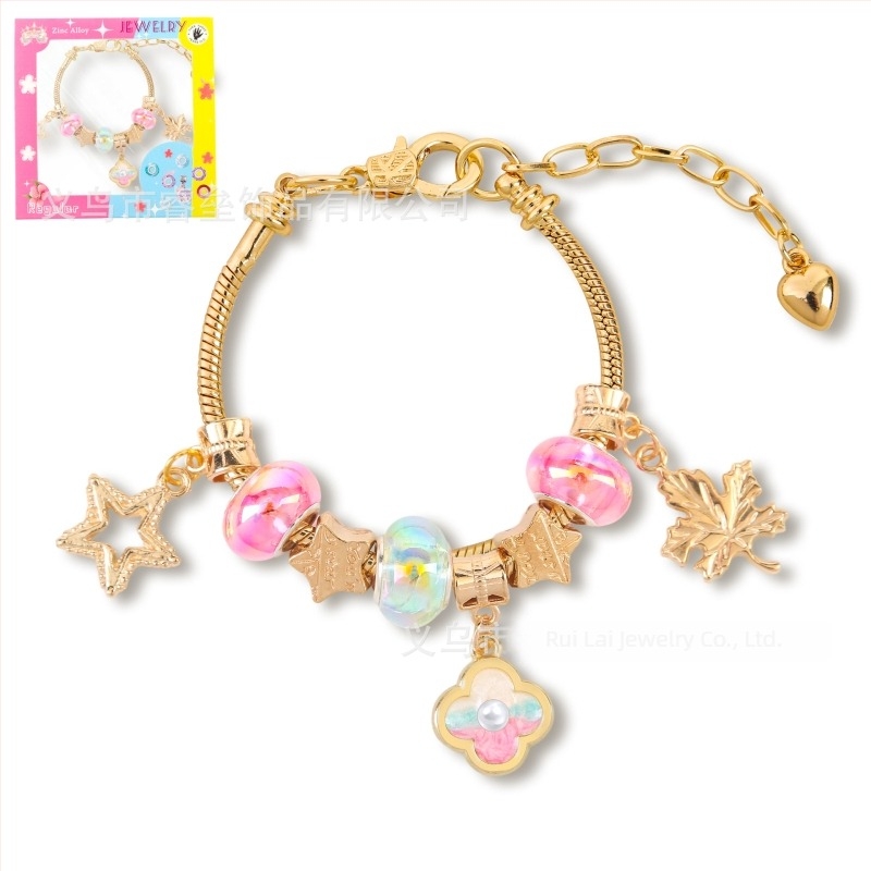 DIY dječja narukvica od perlica s podesivim lancem, stil uljne slikа, oblik lista, cinkova legura, imitacijski kristali i perlа