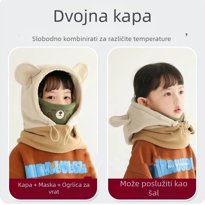 Dječja kapa-hood s integriranim šalom, zaštita od vjetra, topla pliš materija, za uzrast 6–12 mjeseci i 1–2 godine, zima