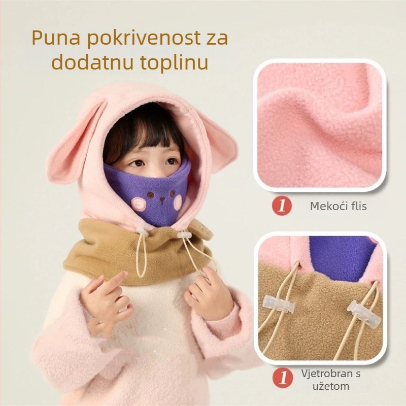 Dječja kapa-hood s integriranim šalom, zaštita od vjetra, topla pliš materija, za uzrast 6–12 mjeseci i 1–2 godine, zima