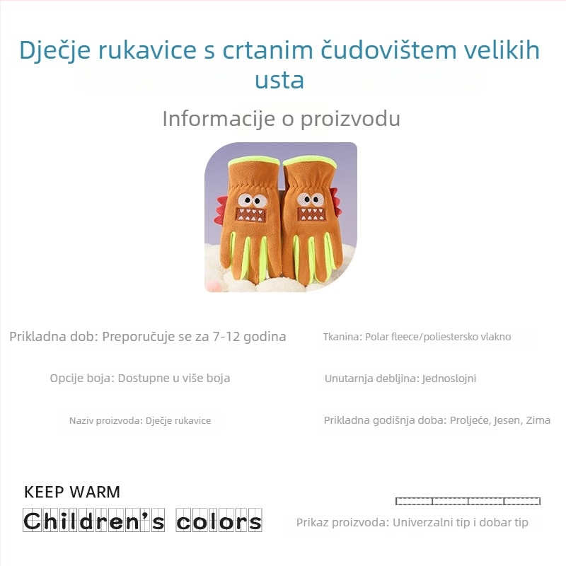 Dječje rukavice za jesen i zimu, topli crtani lik s velikim ustima, otporne na vjetar za vožnju biciklom na otvorenom