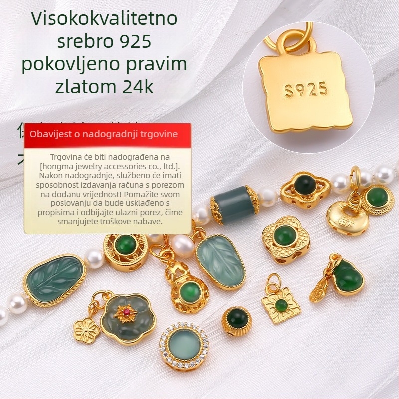 Hongma nefritni privjesak, 925 srebro pozlata, inlay, unisex, oblik list