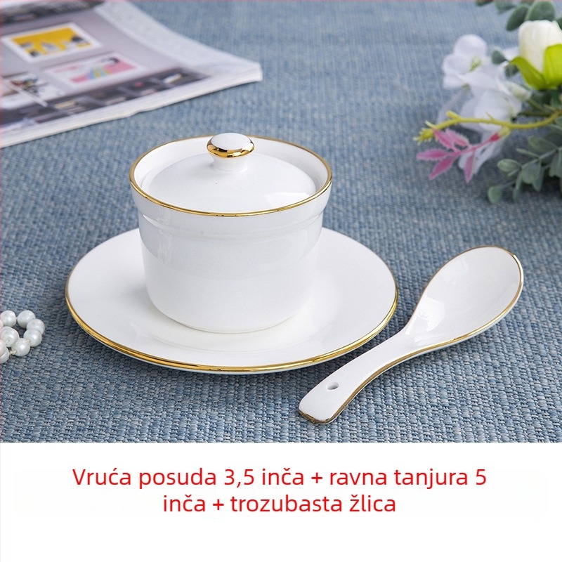 Porcelanski lonac za vodenu kupelj s poklopcem i žlicom — okrugli, mikrovalna kompatibilnost, s logom