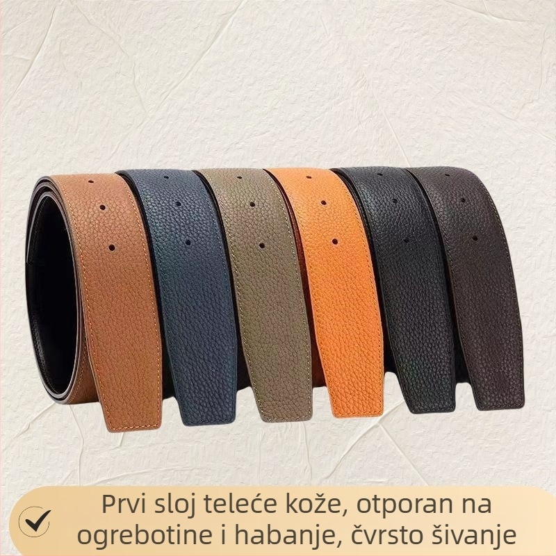 Muški kožni pojas od prave kože, perforirana površina s teksturom liči, glatka kopča, gornji sloj kože, širina 2–4 cm