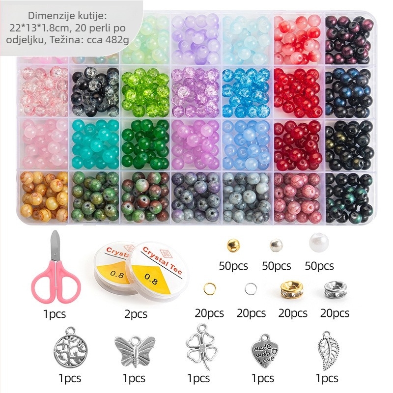 Set staklenih perli za narukvicu – brend QIAO; modni stil, okrugle perle; sferni oblik; tretman kapljicama ulja