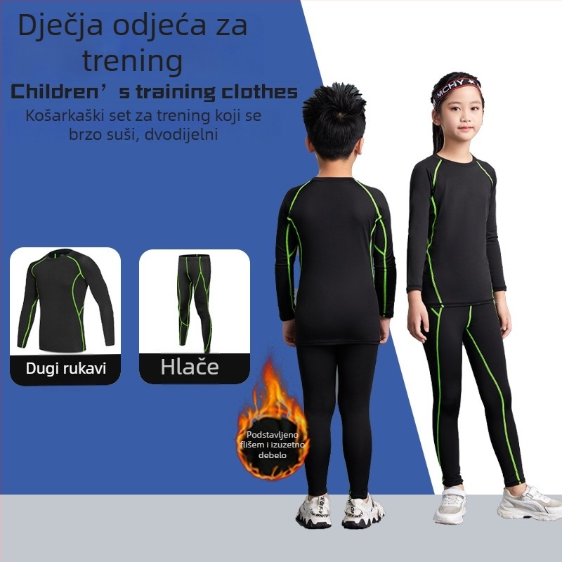 Unisex dječji sportski komplet uskog kroja s dugim rukavima, duljina do bokova, 92% poliester i 8% spandeks podstava, baršunasta unutrašnjost; za zimu, proljeće i jesen; košarka, nogomet, trčanje.