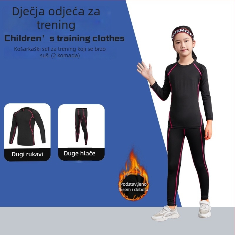 Unisex dječji sportski komplet uskog kroja s dugim rukavima, duljina do bokova, 92% poliester i 8% spandeks podstava, baršunasta unutrašnjost; za zimu, proljeće i jesen; košarka, nogomet, trčanje.