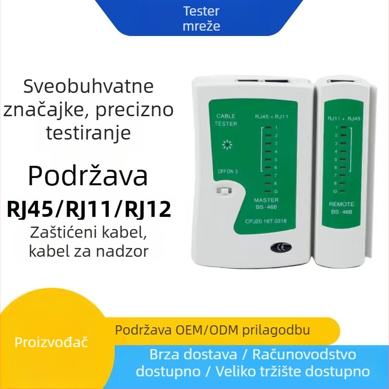 RJ45/RJ11 tester mrežnih kablova i telefonskih linija (Brend BS; Materijal: Plastika; Set: 1 kom.; Opseg primjene: testiranje mrežnih kablova i telefonskih linija; Format: Srednji)