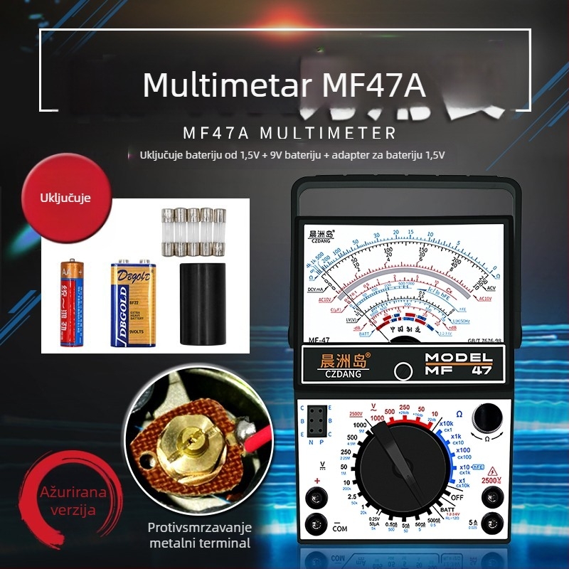 Analogni multimetar MF47 s mehaničkim pokazivačem, visoka preciznost, za električare i studente (MF47A: standardna konfiguracija; s krokodilskim klipom; s 10A vrhom; s silikon kablovima)