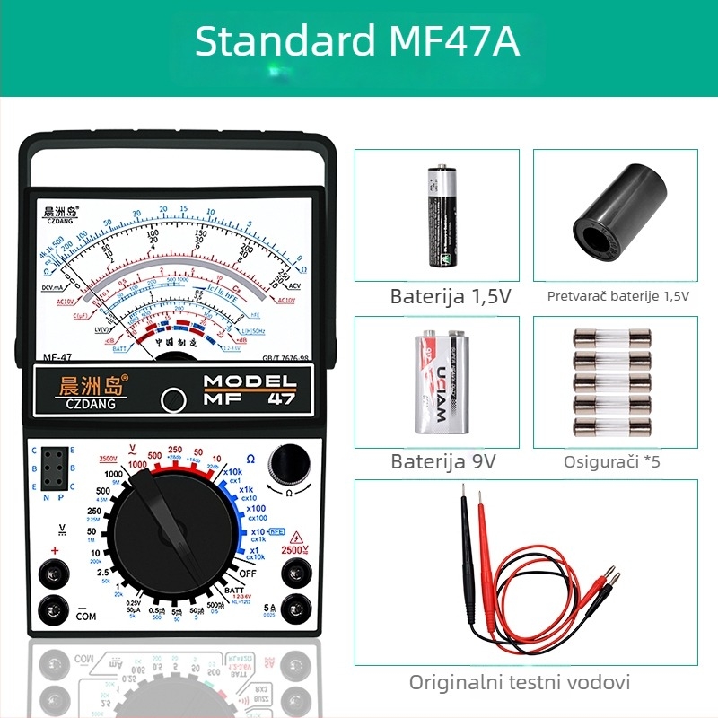 Analogni multimetar MF47 s mehaničkim pokazivačem, visoka preciznost, za električare i studente (MF47A: standardna konfiguracija; s krokodilskim klipom; s 10A vrhom; s silikon kablovima)