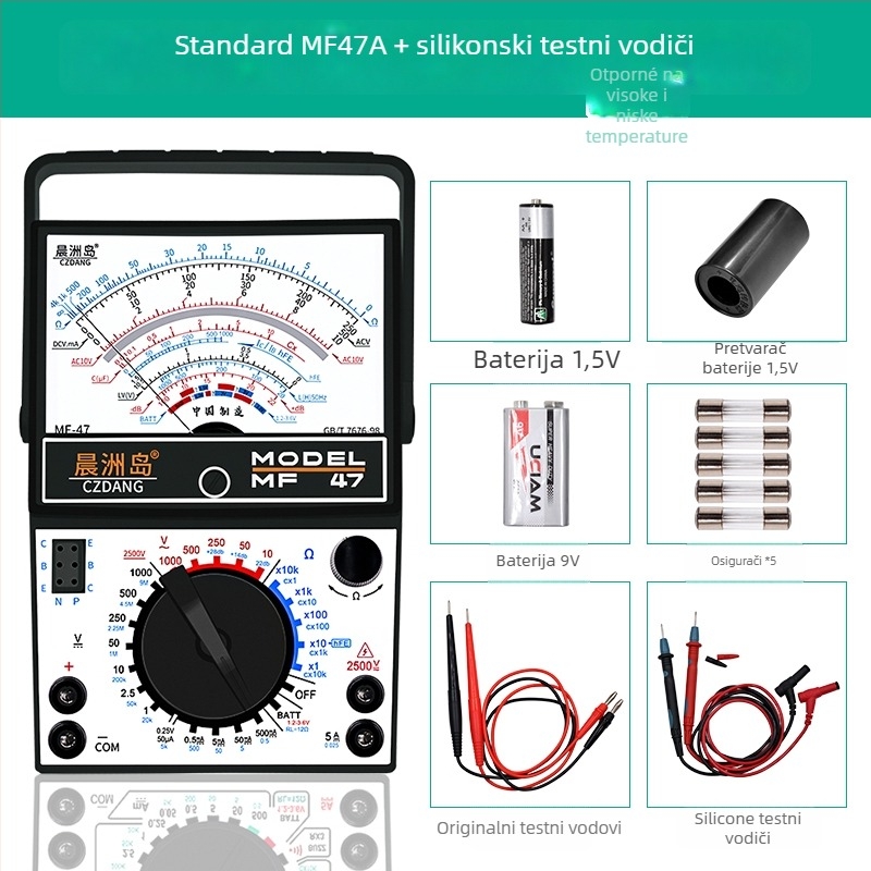 Analogni multimetar MF47 s mehaničkim pokazivačem, visoka preciznost, za električare i studente (MF47A: standardna konfiguracija; s krokodilskim klipom; s 10A vrhom; s silikon kablovima)