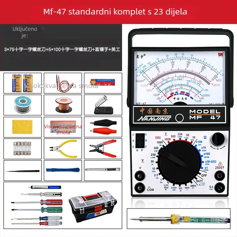 Analogni multimetar MF47 s mehaničkim pokazivačem, visoka preciznost, za električare i studente (MF47A: standardna konfiguracija; s krokodilskim klipom; s 10A vrhom; s silikon kablovima)