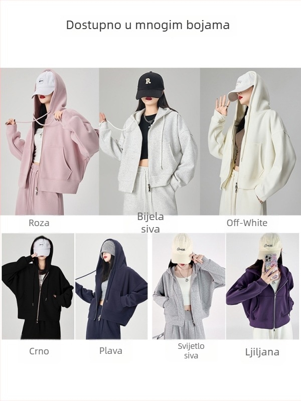 Ženski hoodie s kapuljom i zipom, 95% pamuk, opuštenog kroja, dugi rukavi, japansko-korejski casual stil, jesensko izdanje 2025