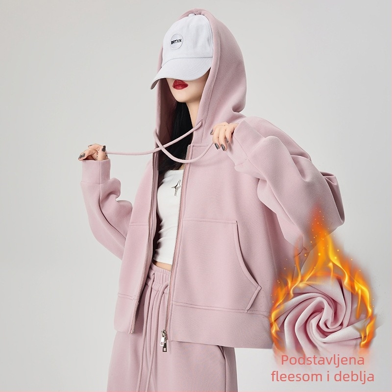 Ženski hoodie s kapuljom i zipom, 95% pamuk, opuštenog kroja, dugi rukavi, japansko-korejski casual stil, jesensko izdanje 2025