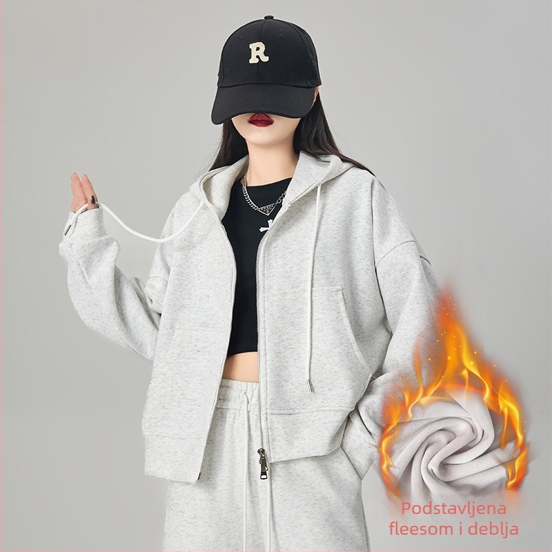 Ženski hoodie s kapuljom i zipom, 95% pamuk, opuštenog kroja, dugi rukavi, japansko-korejski casual stil, jesensko izdanje 2025