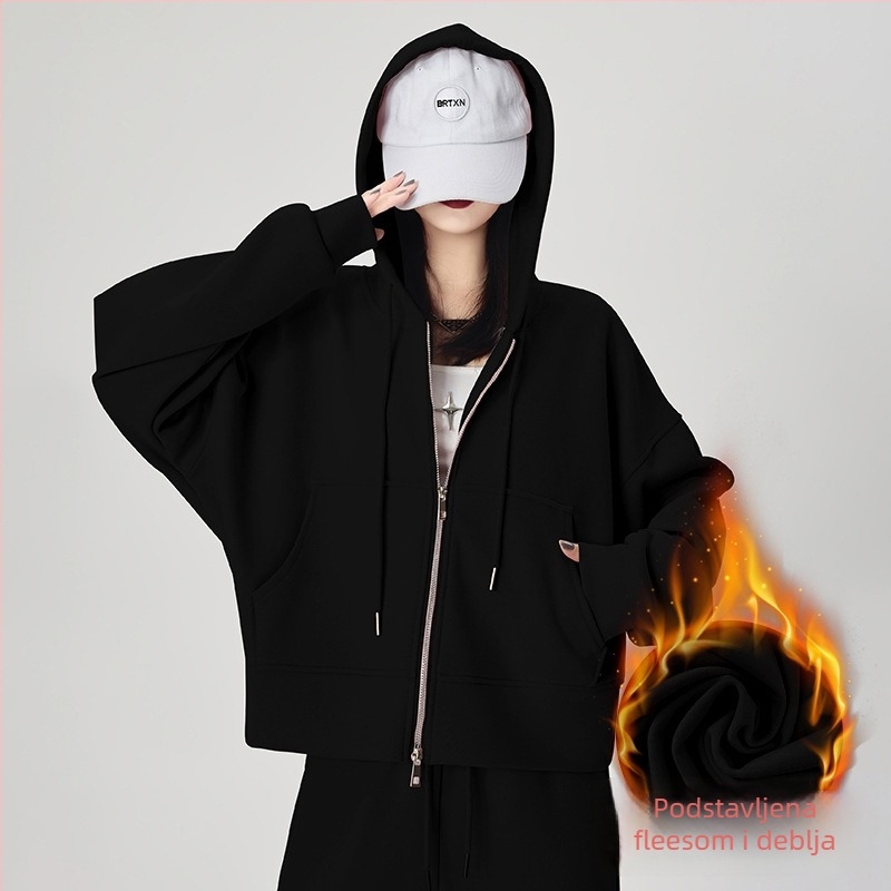 Ženski hoodie s kapuljom i zipom, 95% pamuk, opuštenog kroja, dugi rukavi, japansko-korejski casual stil, jesensko izdanje 2025