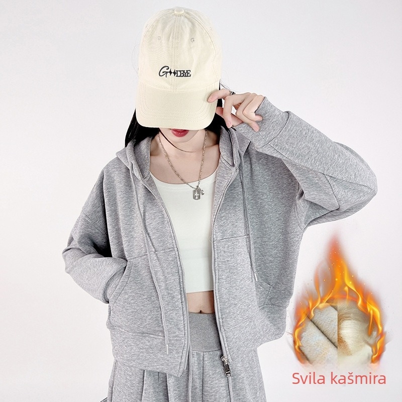 Ženski hoodie s kapuljom i zipom, 95% pamuk, opuštenog kroja, dugi rukavi, japansko-korejski casual stil, jesensko izdanje 2025