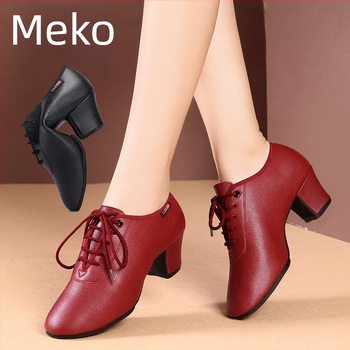 Ženske plesne cipele - Sintetička koža, gumeni potplat, srednja peta, prozračnost, apsorpcija šokova