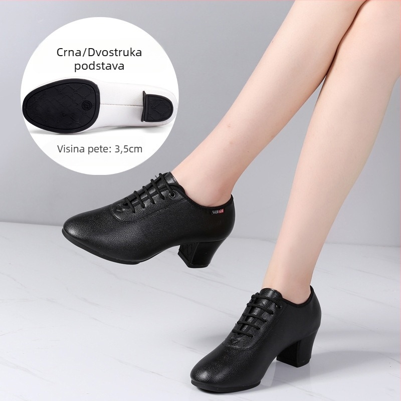 Ženske plesne cipele - Sintetička koža, gumeni potplat, srednja peta, prozračnost, apsorpcija šokova
