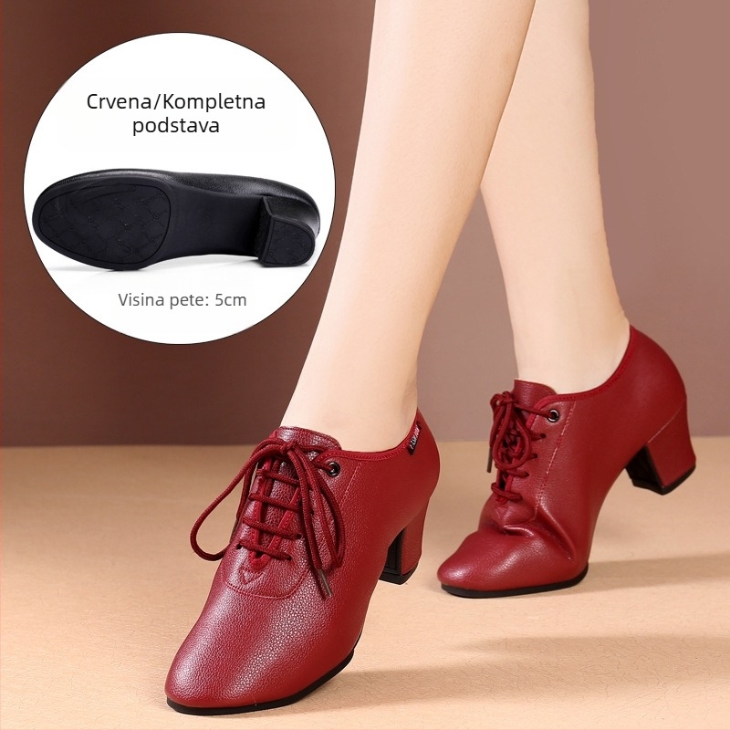 Ženske plesne cipele - Sintetička koža, gumeni potplat, srednja peta, prozračnost, apsorpcija šokova