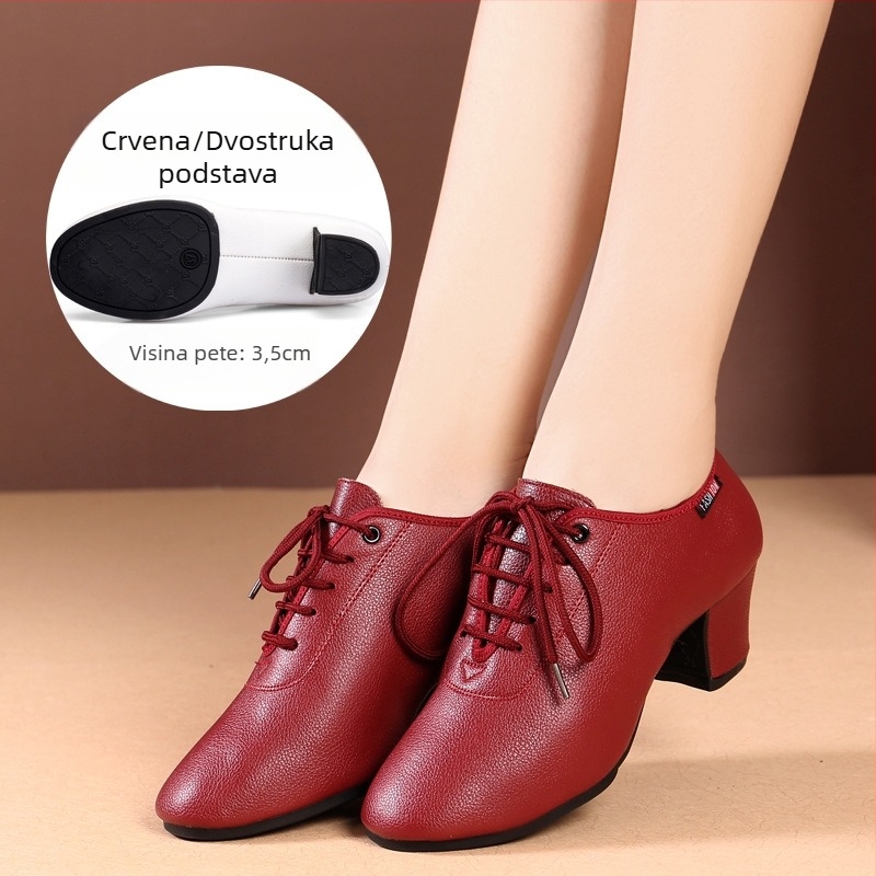 Ženske plesne cipele - Sintetička koža, gumeni potplat, srednja peta, prozračnost, apsorpcija šokova