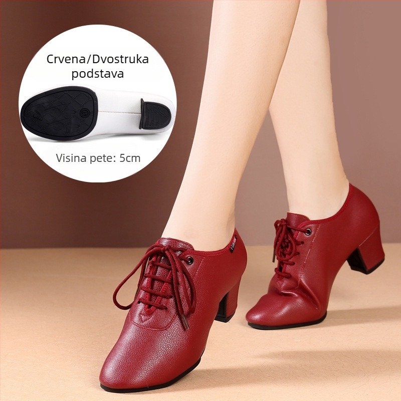 Ženske plesne cipele - Sintetička koža, gumeni potplat, srednja peta, prozračnost, apsorpcija šokova