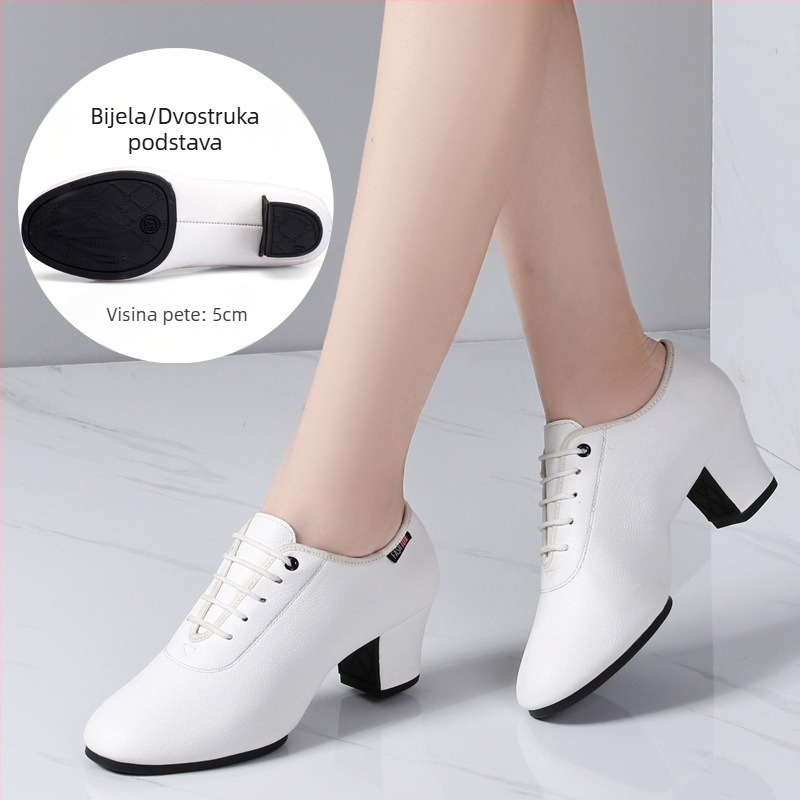 Ženske plesne cipele - Sintetička koža, gumeni potplat, srednja peta, prozračnost, apsorpcija šokova