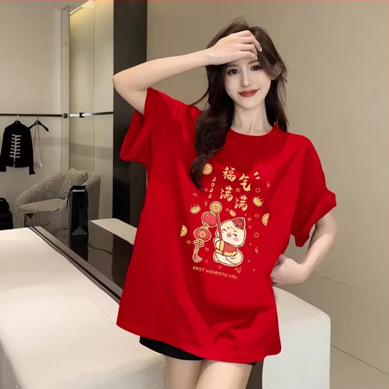 Ženski crveni pamučni T‑shirt s kratkim rukavima, plus veličina, ljeto 2025, udoban kroj, okrugli izrez, anime print, japansko-korejski ležerni stil