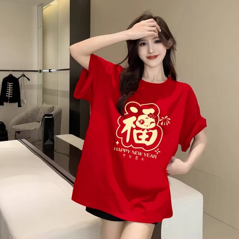 Ženski crveni pamučni T‑shirt s kratkim rukavima, plus veličina, ljeto 2025, udoban kroj, okrugli izrez, anime print, japansko-korejski ležerni stil