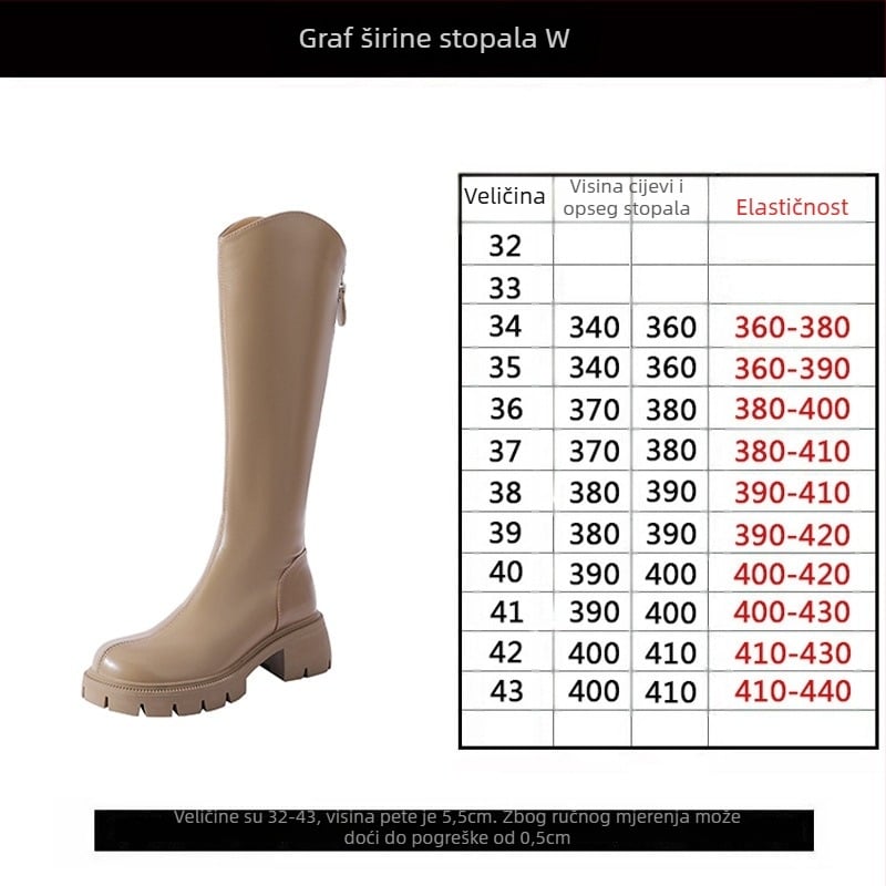 Čizme viteškog stila od prave kože; okrugli vrh; debeli pet; stražnji zatvarač; visok potkoljenica