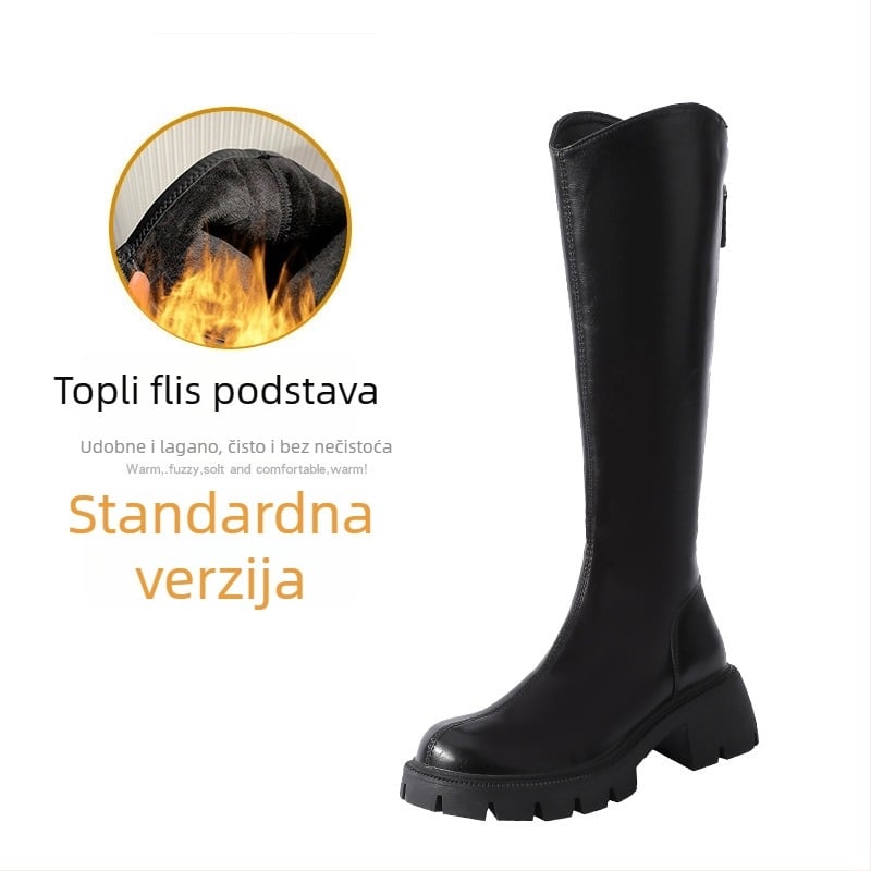 Čizme viteškog stila od prave kože; okrugli vrh; debeli pet; stražnji zatvarač; visok potkoljenica