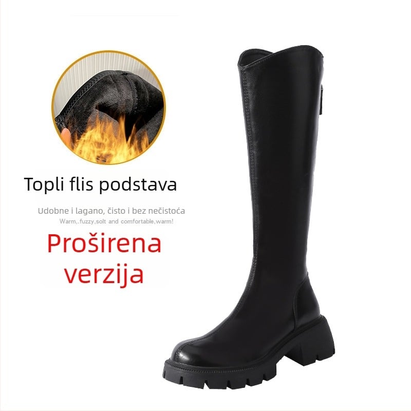 Čizme viteškog stila od prave kože; okrugli vrh; debeli pet; stražnji zatvarač; visok potkoljenica