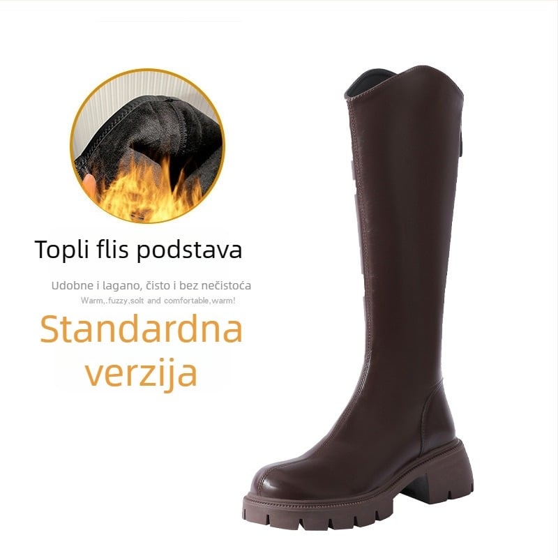 Čizme viteškog stila od prave kože; okrugli vrh; debeli pet; stražnji zatvarač; visok potkoljenica