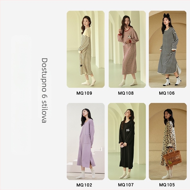 Ženska duga noćna haljina, 100% pamuk, okrugli ovratnik, dugi rukavi, labavo krojena, za kućnu upotrebu, jesen