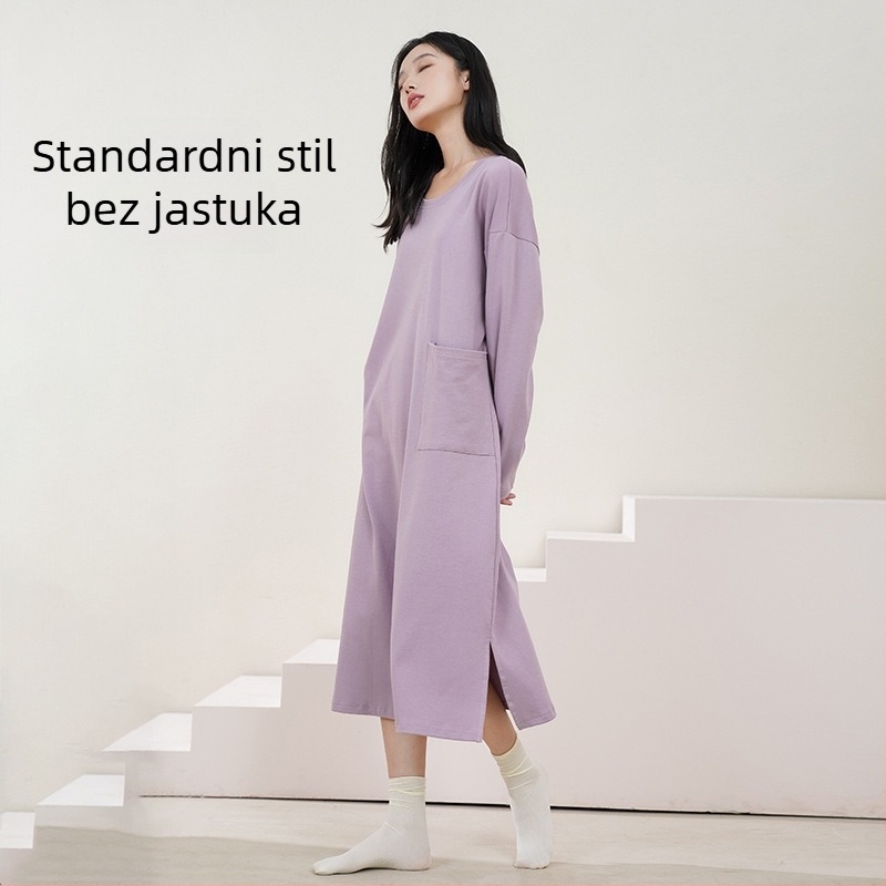 Ženska duga noćna haljina, 100% pamuk, okrugli ovratnik, dugi rukavi, labavo krojena, za kućnu upotrebu, jesen