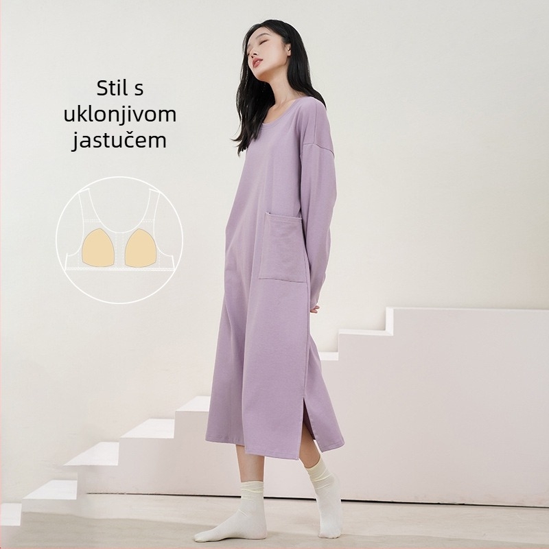 Ženska duga noćna haljina, 100% pamuk, okrugli ovratnik, dugi rukavi, labavo krojena, za kućnu upotrebu, jesen