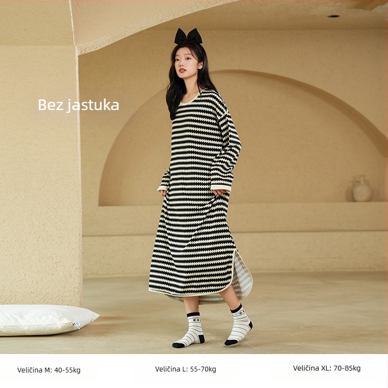 Ženska duga noćna haljina, 100% pamuk, okrugli ovratnik, dugi rukavi, labavo krojena, za kućnu upotrebu, jesen