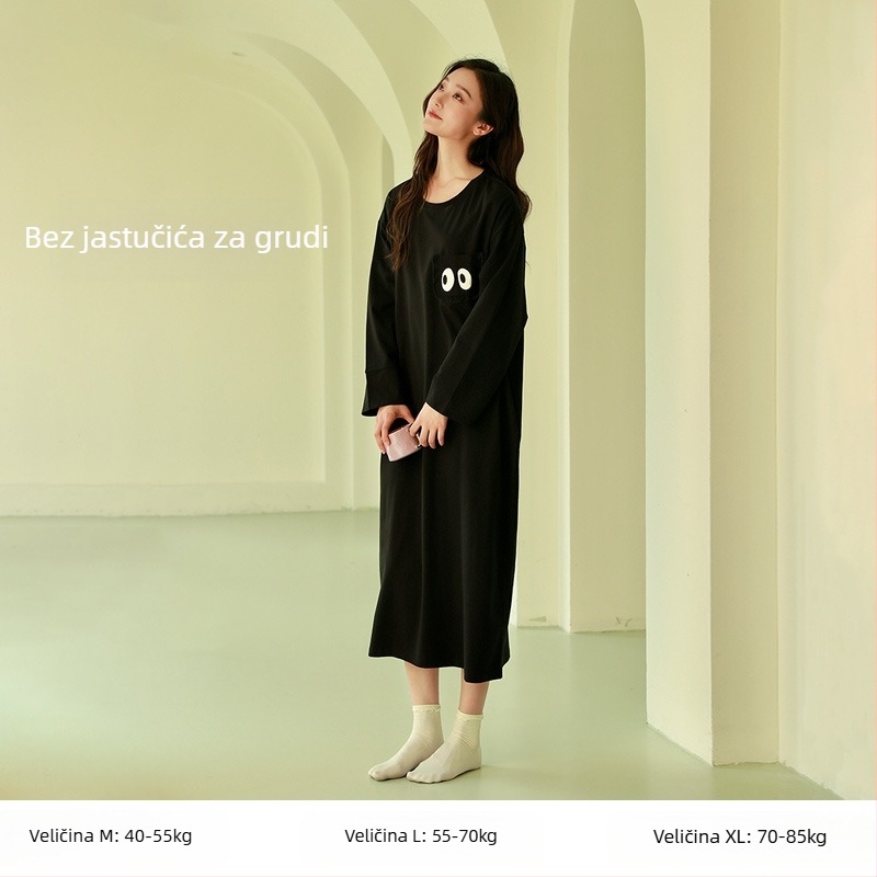 Ženska duga noćna haljina, 100% pamuk, okrugli ovratnik, dugi rukavi, labavo krojena, za kućnu upotrebu, jesen