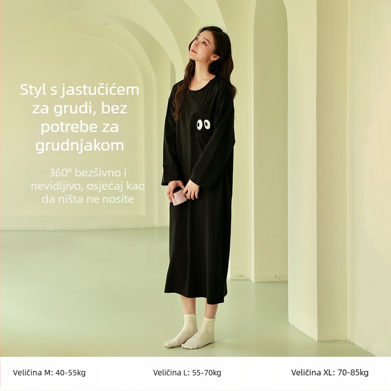 Ženska duga noćna haljina, 100% pamuk, okrugli ovratnik, dugi rukavi, labavo krojena, za kućnu upotrebu, jesen