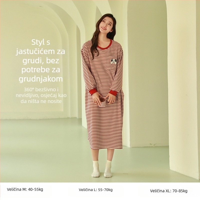 Ženska duga noćna haljina, 100% pamuk, okrugli ovratnik, dugi rukavi, labavo krojena, za kućnu upotrebu, jesen