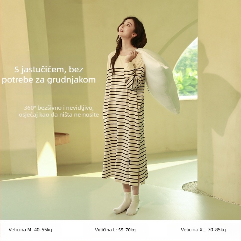 Ženska duga noćna haljina, 100% pamuk, okrugli ovratnik, dugi rukavi, labavo krojena, za kućnu upotrebu, jesen