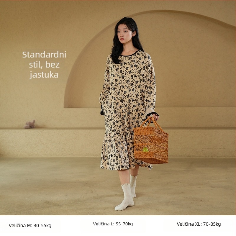 Ženska duga noćna haljina, 100% pamuk, okrugli ovratnik, dugi rukavi, labavo krojena, za kućnu upotrebu, jesen