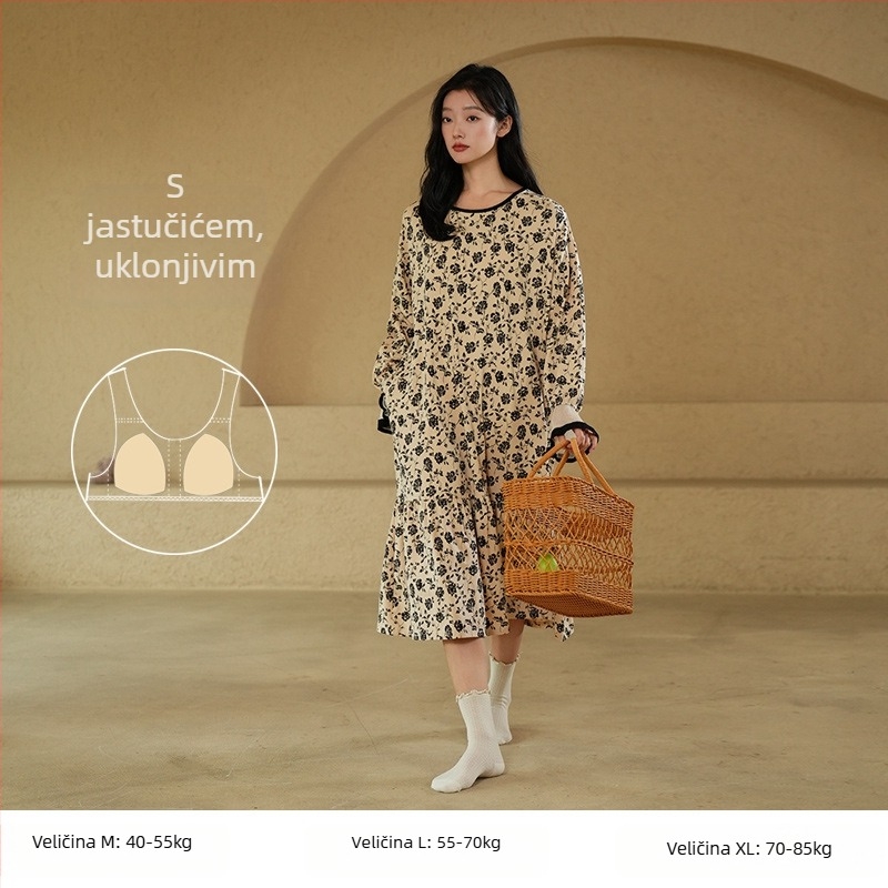 Ženska duga noćna haljina, 100% pamuk, okrugli ovratnik, dugi rukavi, labavo krojena, za kućnu upotrebu, jesen