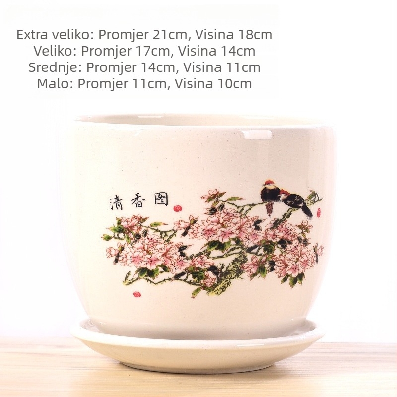 Ceramicna saksija s pladnjem, glazirana decal i Roller Decal proces; pogodna za stolnu, podnu ili kombiniranu upotrebu; čvrsta i otporna na koroziju, ne deformira se