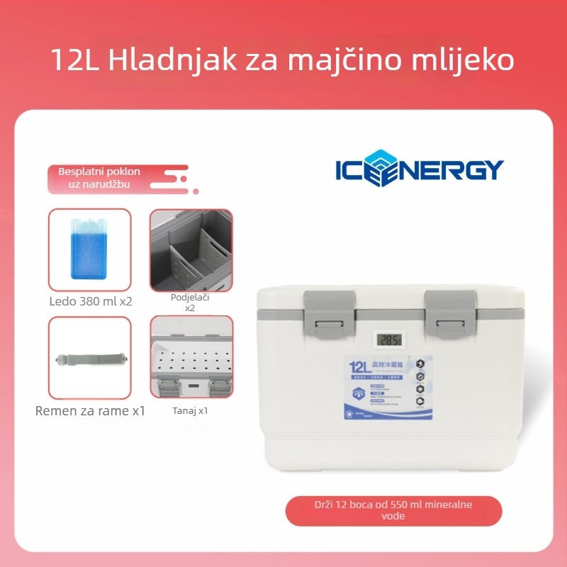 Prijenosni izolirani hladnjak za pohranu majčinog mlijeka i cjepiva — Ice Energy, plastični, kapacitet 6–28 L, težina 1,82 kg, održava hladnoću