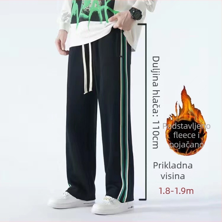 Casual sports hlače za tinejdžere s fleece materijalom, pamut-mješavina, prugasti uzorak, srednji pojas, pojas i vezivanje za zatvaranje, opušten kroj, zimska sezona