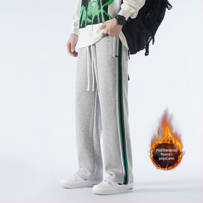 Casual sports hlače za tinejdžere s fleece materijalom, pamut-mješavina, prugasti uzorak, srednji pojas, pojas i vezivanje za zatvaranje, opušten kroj, zimska sezona