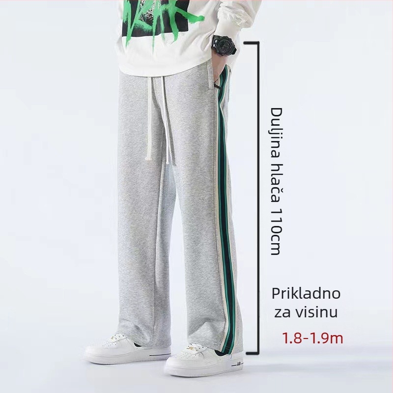 Casual sports hlače za tinejdžere s fleece materijalom, pamut-mješavina, prugasti uzorak, srednji pojas, pojas i vezivanje za zatvaranje, opušten kroj, zimska sezona
