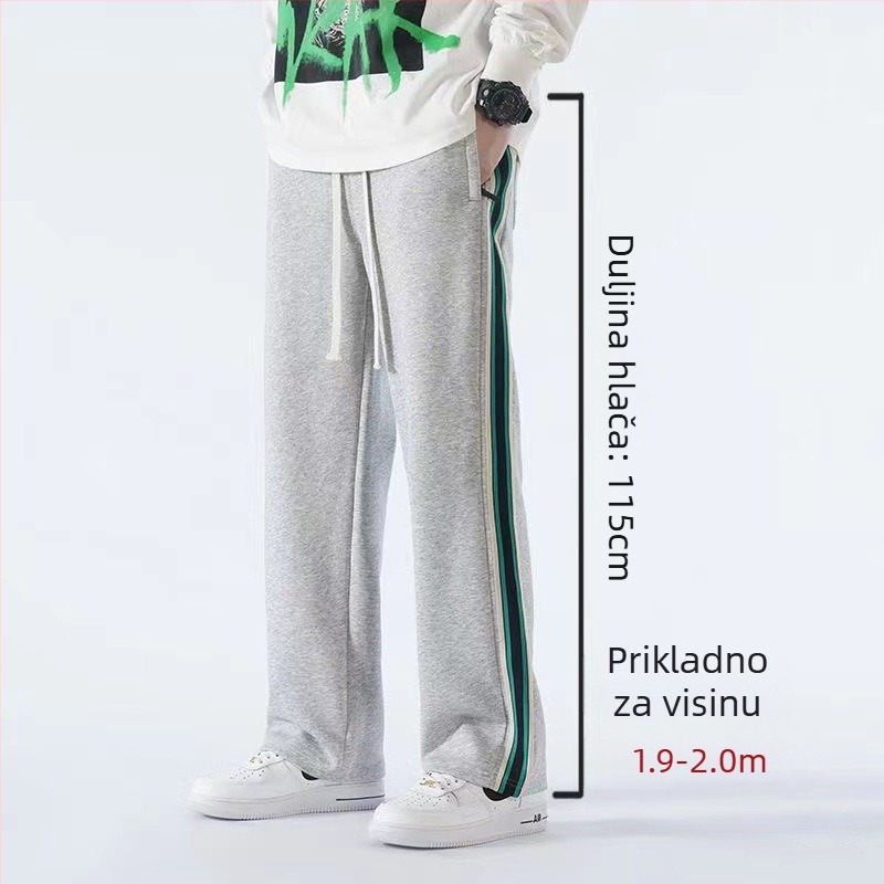Casual sports hlače za tinejdžere s fleece materijalom, pamut-mješavina, prugasti uzorak, srednji pojas, pojas i vezivanje za zatvaranje, opušten kroj, zimska sezona