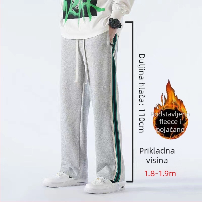 Casual sports hlače za tinejdžere s fleece materijalom, pamut-mješavina, prugasti uzorak, srednji pojas, pojas i vezivanje za zatvaranje, opušten kroj, zimska sezona