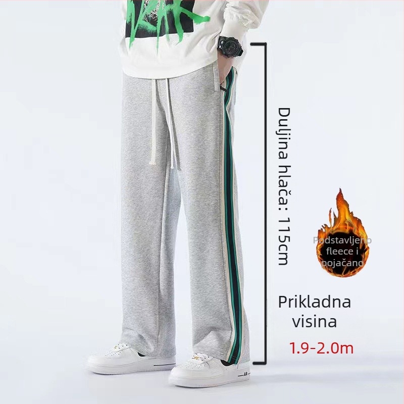 Casual sports hlače za tinejdžere s fleece materijalom, pamut-mješavina, prugasti uzorak, srednji pojas, pojas i vezivanje za zatvaranje, opušten kroj, zimska sezona